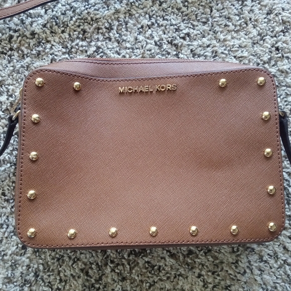 Michael Kors Women's Sandrine Studded Saffiano Leather Crossbody Bag Brown Small - Picture 3 of 11